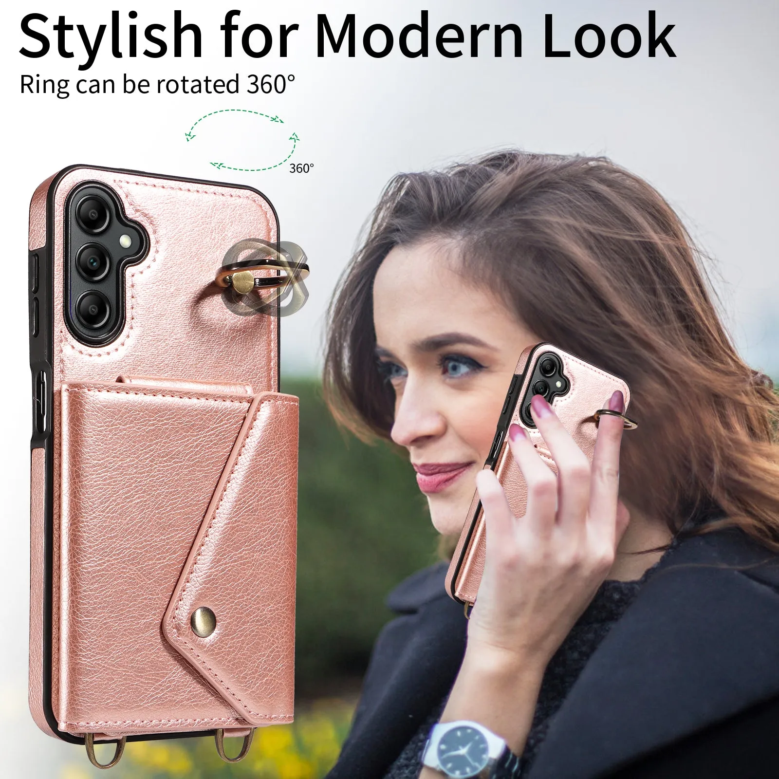 002 For Samsung Galaxy A14 4G / 5G Card Bag Ring Kickstand Cover Litchi Texture Leather Coated TPU Phone Case with Shoulder Strap