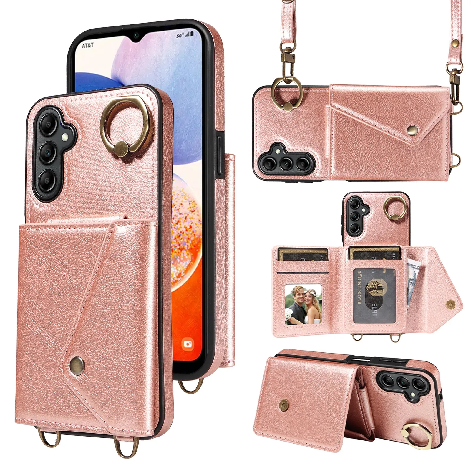 002 For Samsung Galaxy A14 4G / 5G Card Bag Ring Kickstand Cover Litchi Texture Leather Coated TPU Phone Case with Shoulder Strap