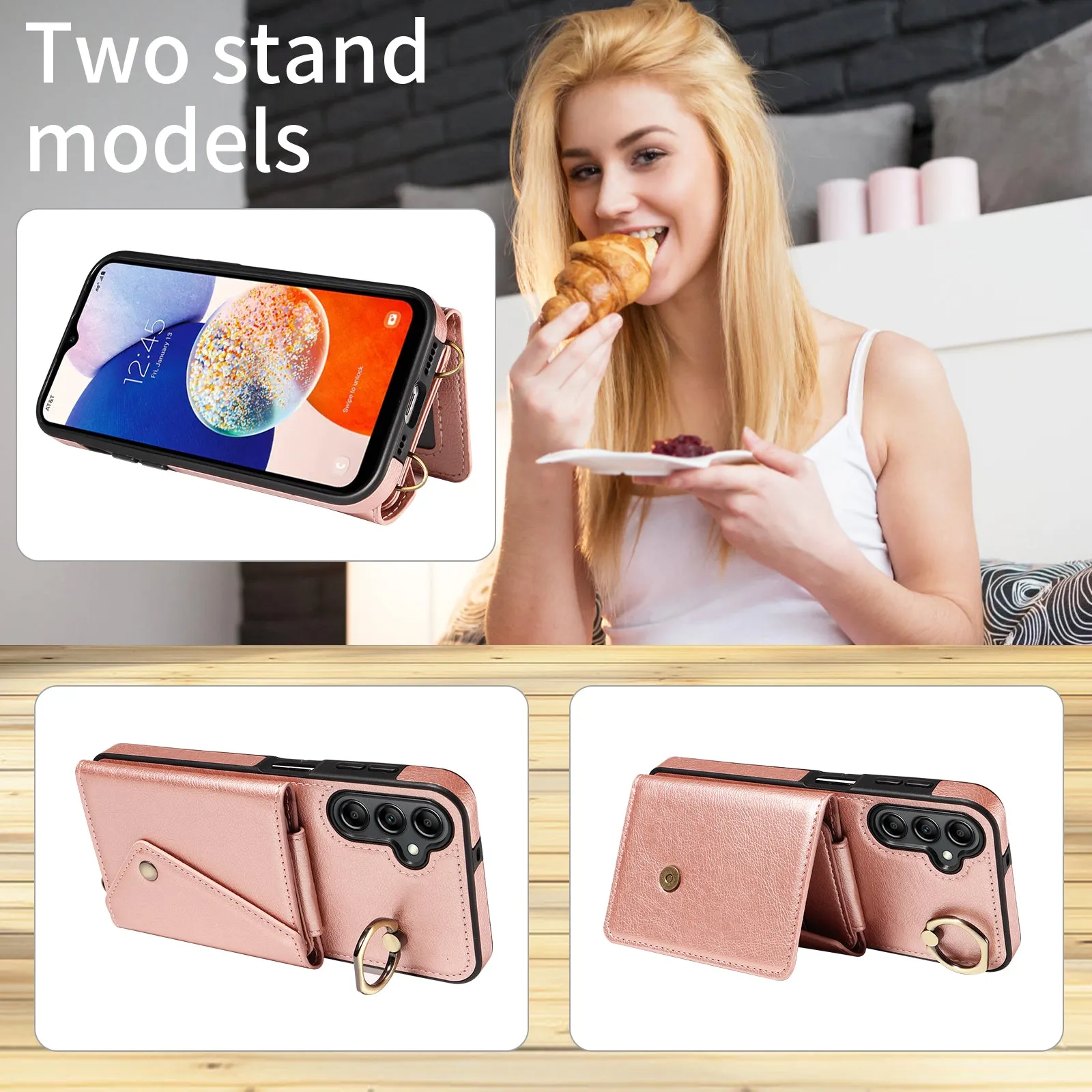 002 For Samsung Galaxy A14 4G / 5G Card Bag Ring Kickstand Cover Litchi Texture Leather Coated TPU Phone Case with Shoulder Strap