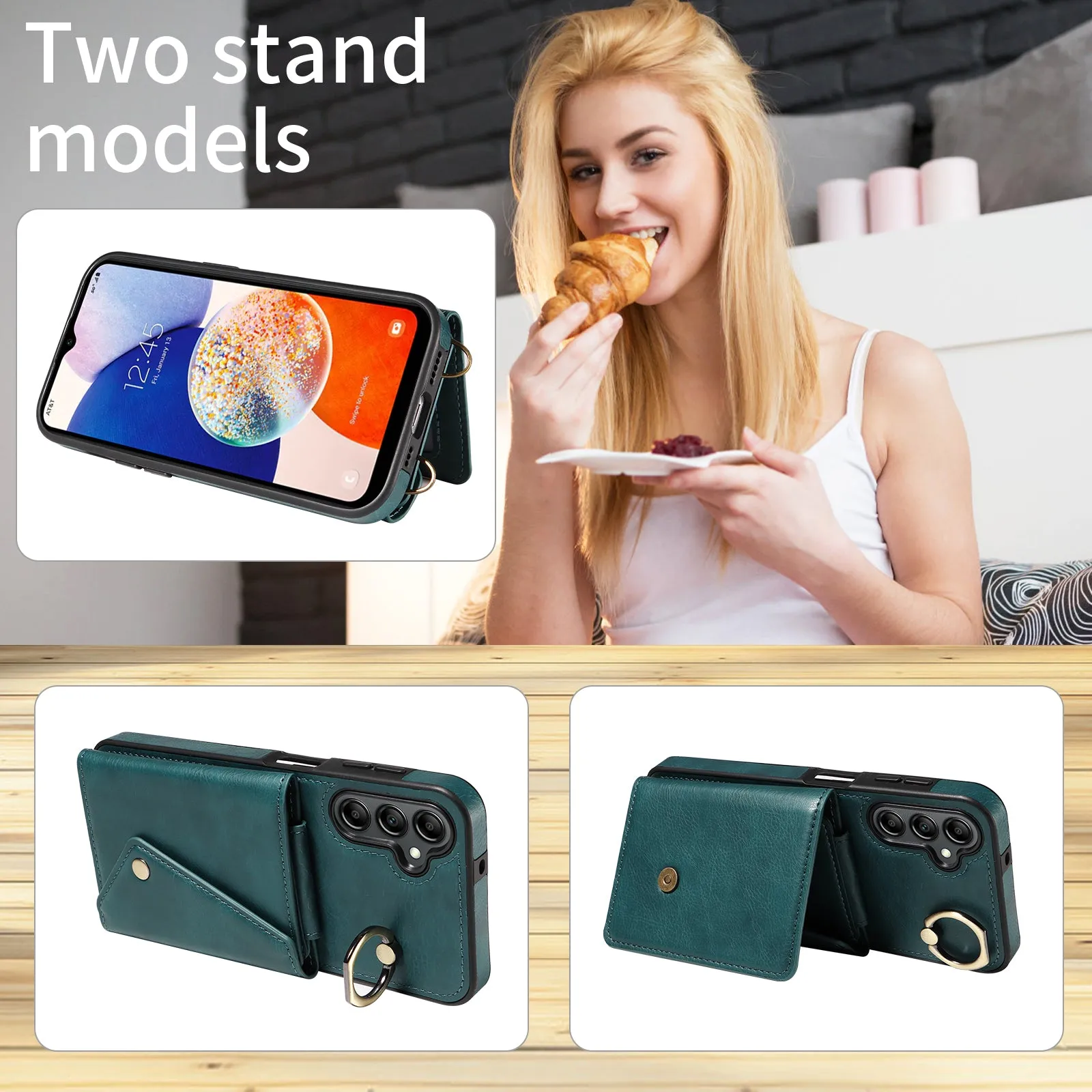 002 For Samsung Galaxy A14 4G / 5G Card Bag Ring Kickstand Cover Litchi Texture Leather Coated TPU Phone Case with Shoulder Strap