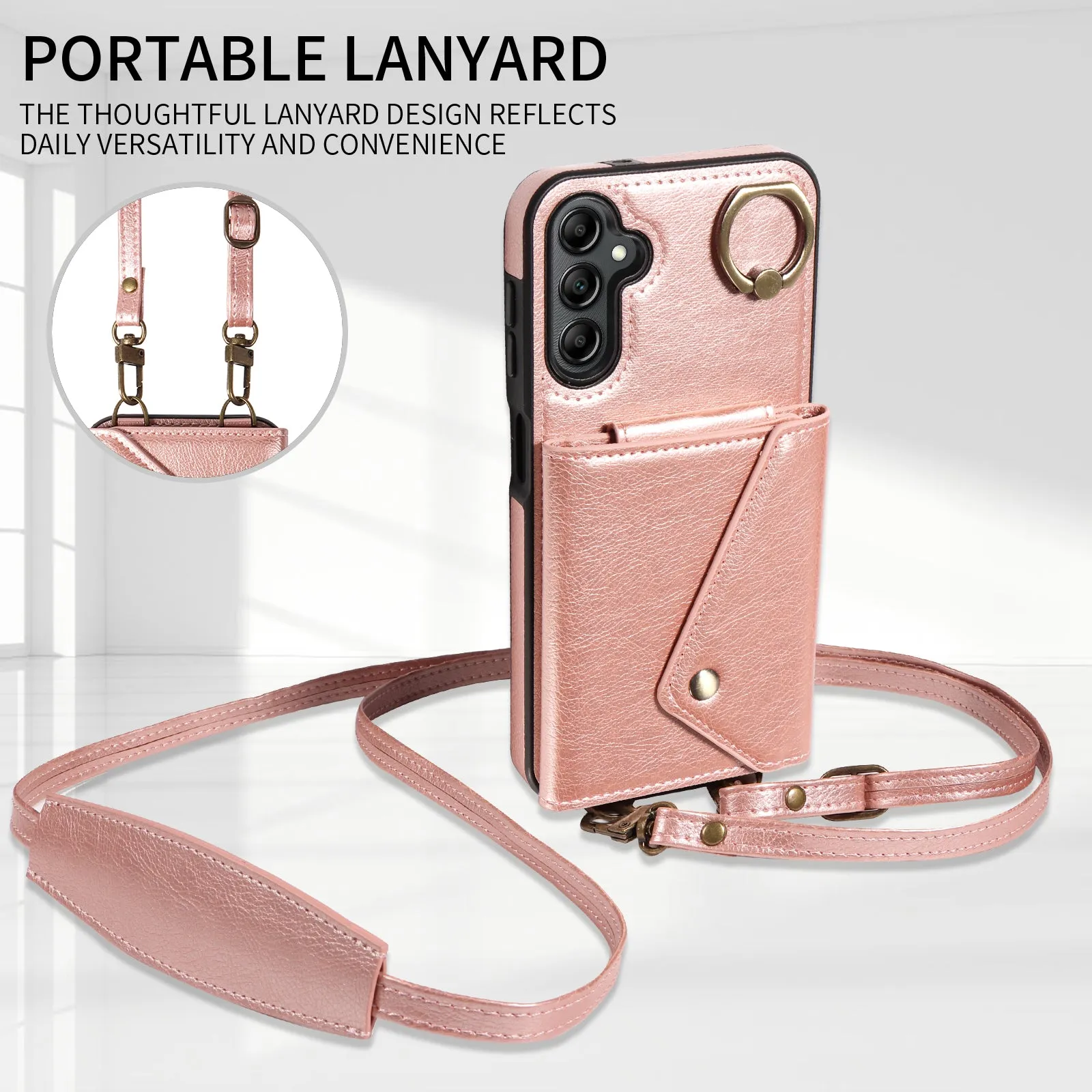 002 For Samsung Galaxy A14 4G / 5G Card Bag Ring Kickstand Cover Litchi Texture Leather Coated TPU Phone Case with Shoulder Strap