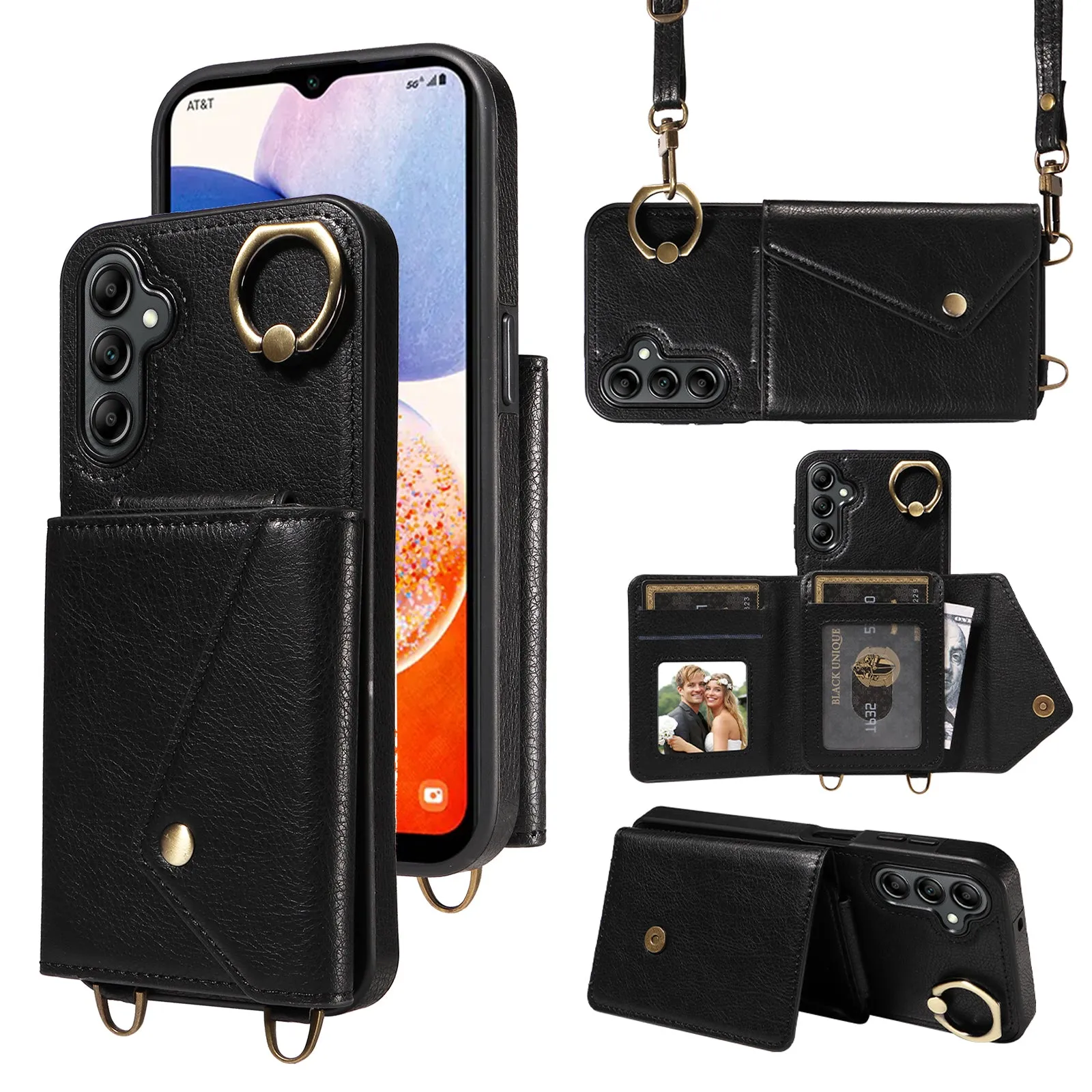 002 For Samsung Galaxy A14 4G / 5G Card Bag Ring Kickstand Cover Litchi Texture Leather Coated TPU Phone Case with Shoulder Strap