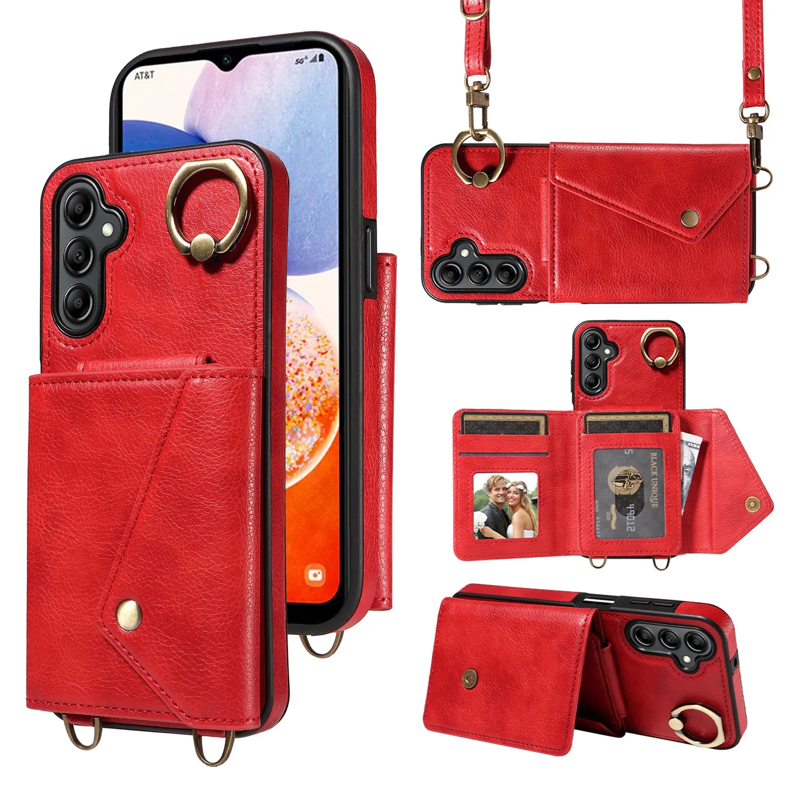 002 For Samsung Galaxy A14 4G / 5G Card Bag Ring Kickstand Cover Litchi Texture Leather Coated TPU Phone Case with Shoulder Strap