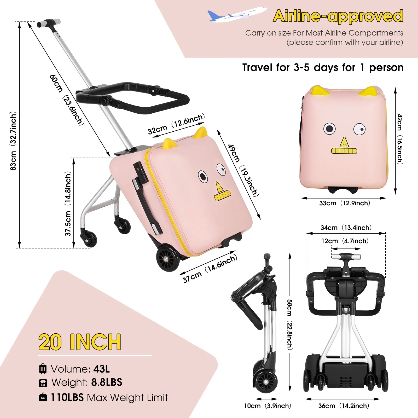 Advwin 20 inch Hardside Luggage with Child Seat