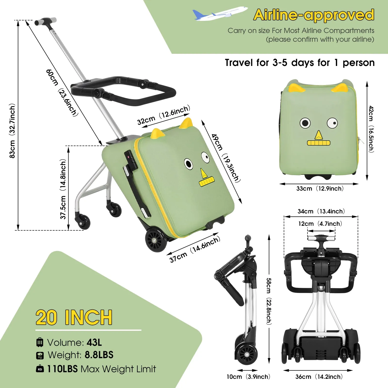 Advwin 20 inch Hardside Luggage with Child Seat