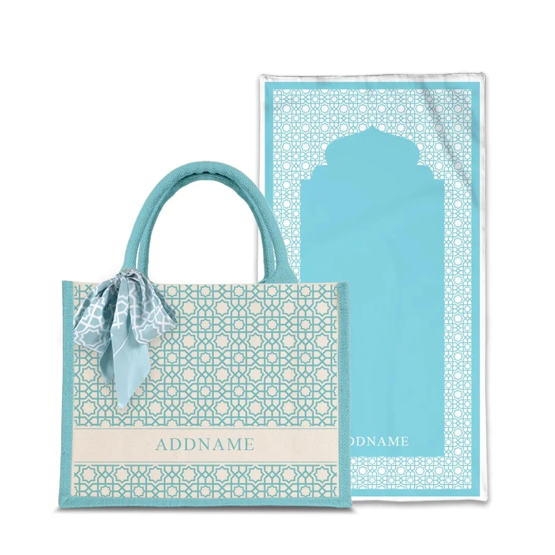 Annas Series Prayer Mat with Half Lining Small Jute Bag-Light Blue