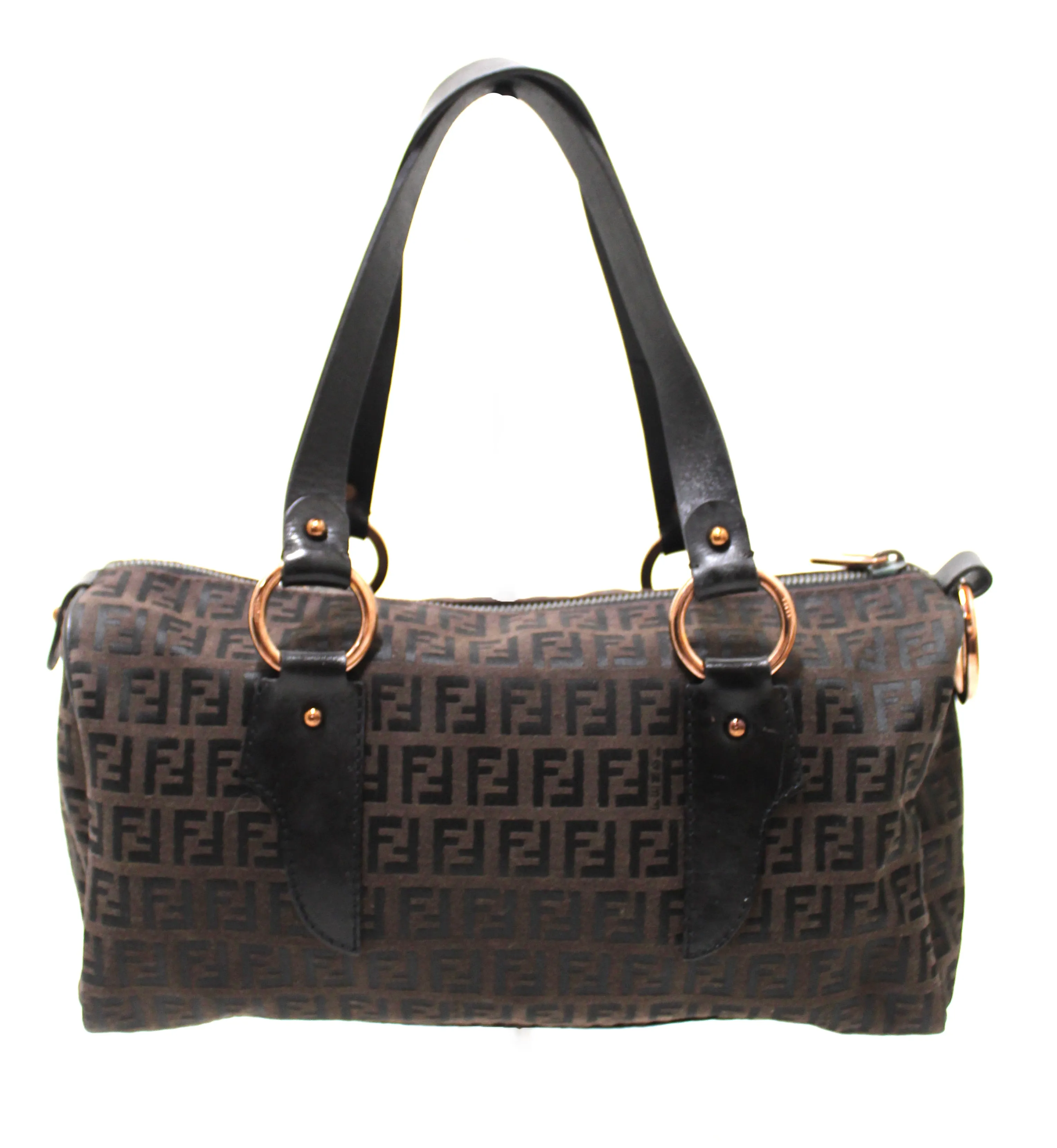 Authentic Fendi Brown Zucchino Fabric Bauletto Shoulder Bag