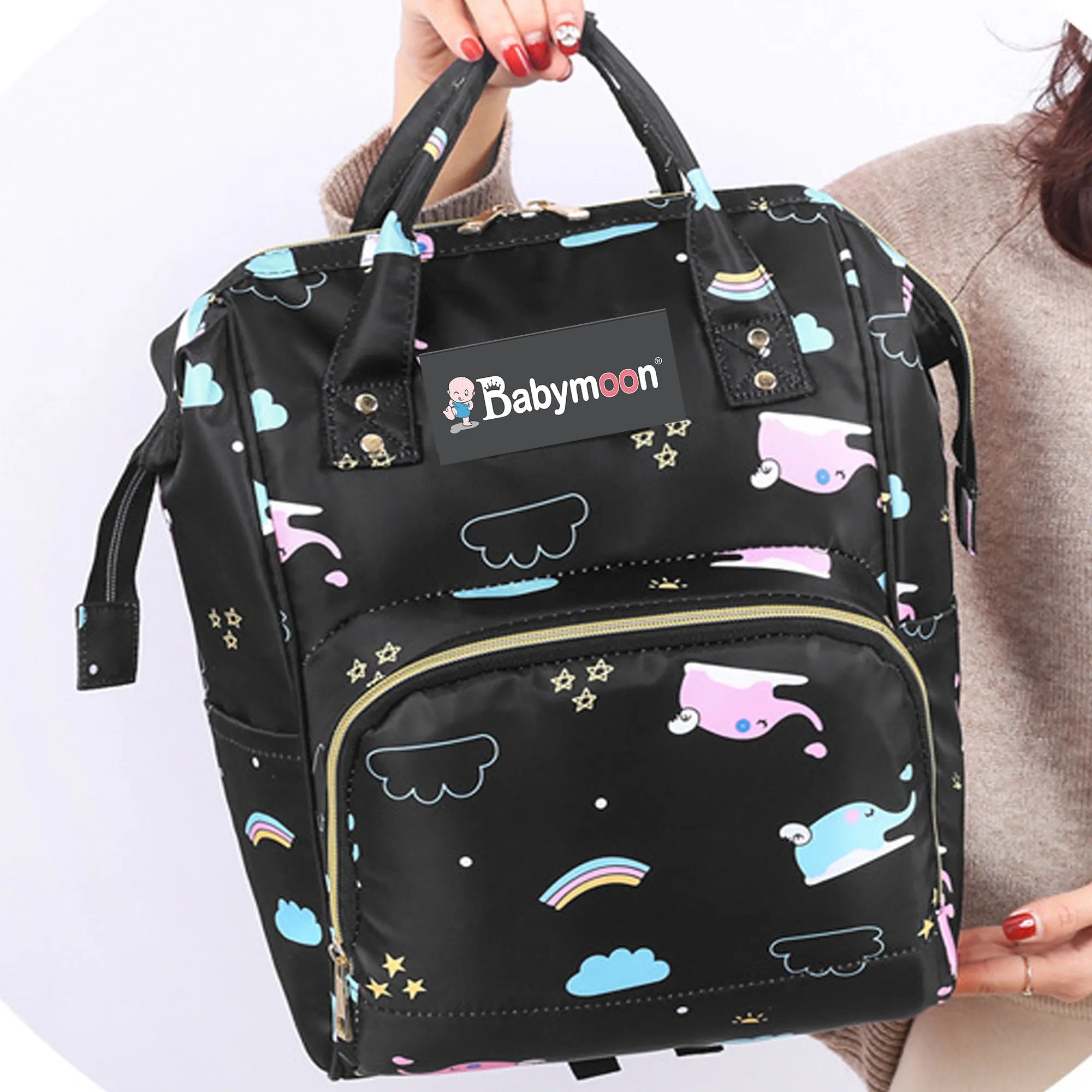 Babymoon Mother Diaper Bag Lightweight Multifunctional Travel Unisex Diaper Backpack - Black Elephant