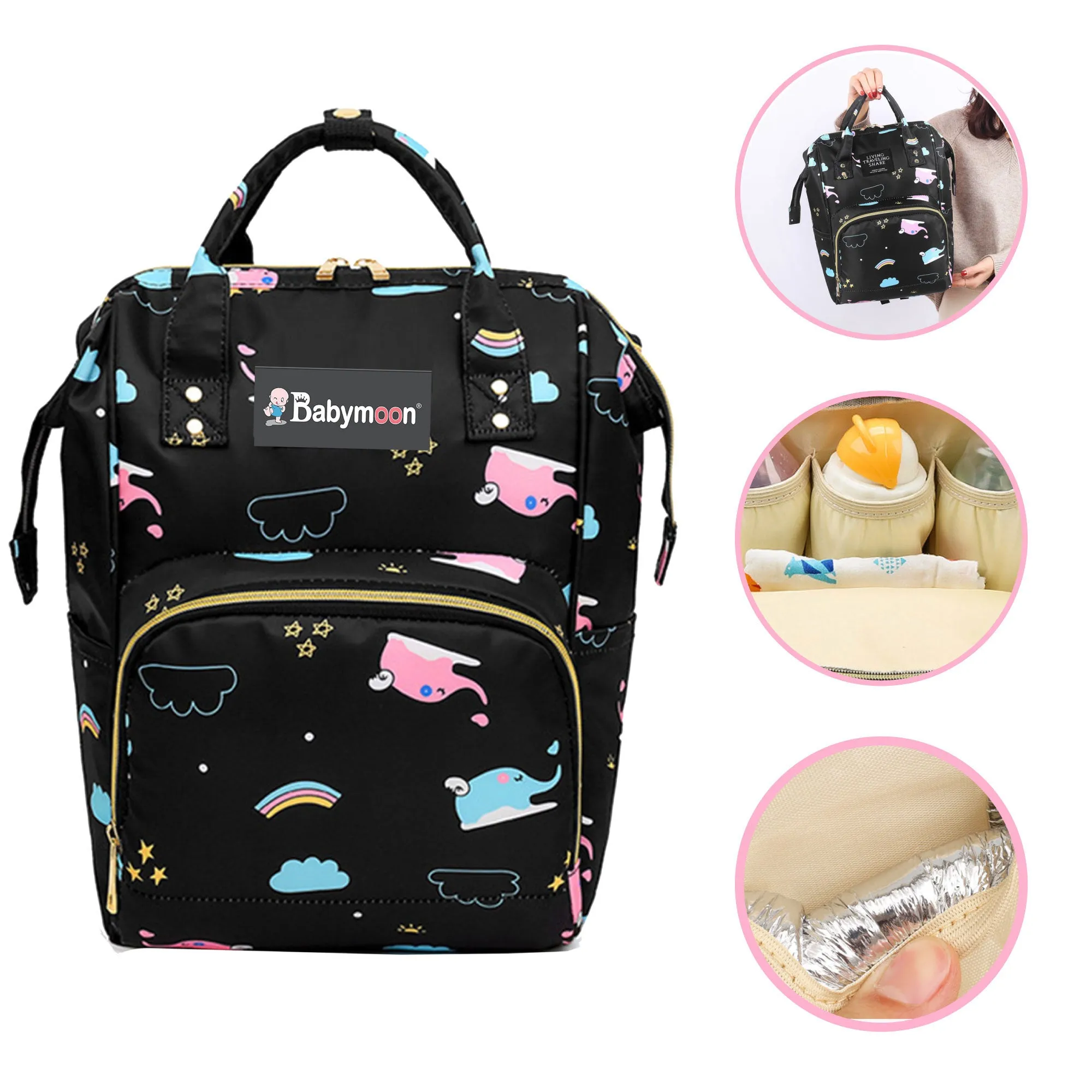 Babymoon Mother Diaper Bag Lightweight Multifunctional Travel Unisex Diaper Backpack - Black Elephant