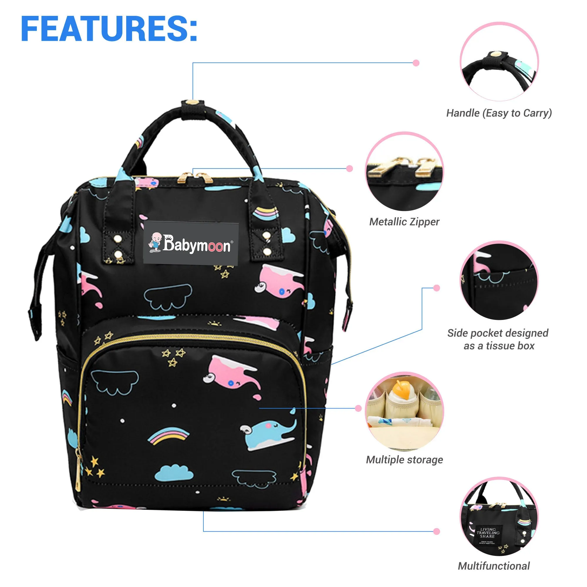 Babymoon Mother Diaper Bag Lightweight Multifunctional Travel Unisex Diaper Backpack - Black Elephant