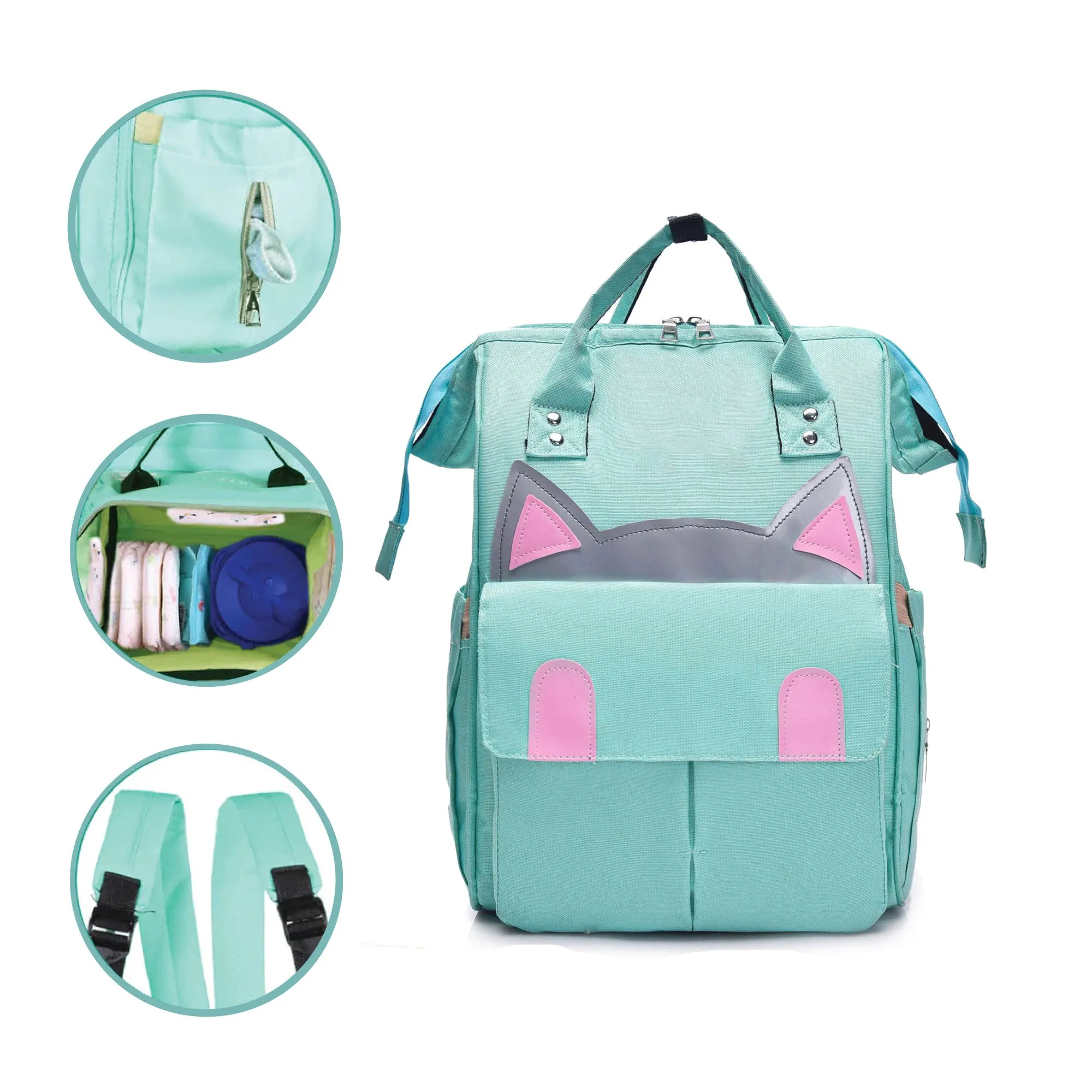 Babymoon Mother Diaper Bag Lightweight Multifunctional Travel Unisex Diaper Backpack | Green Kitty