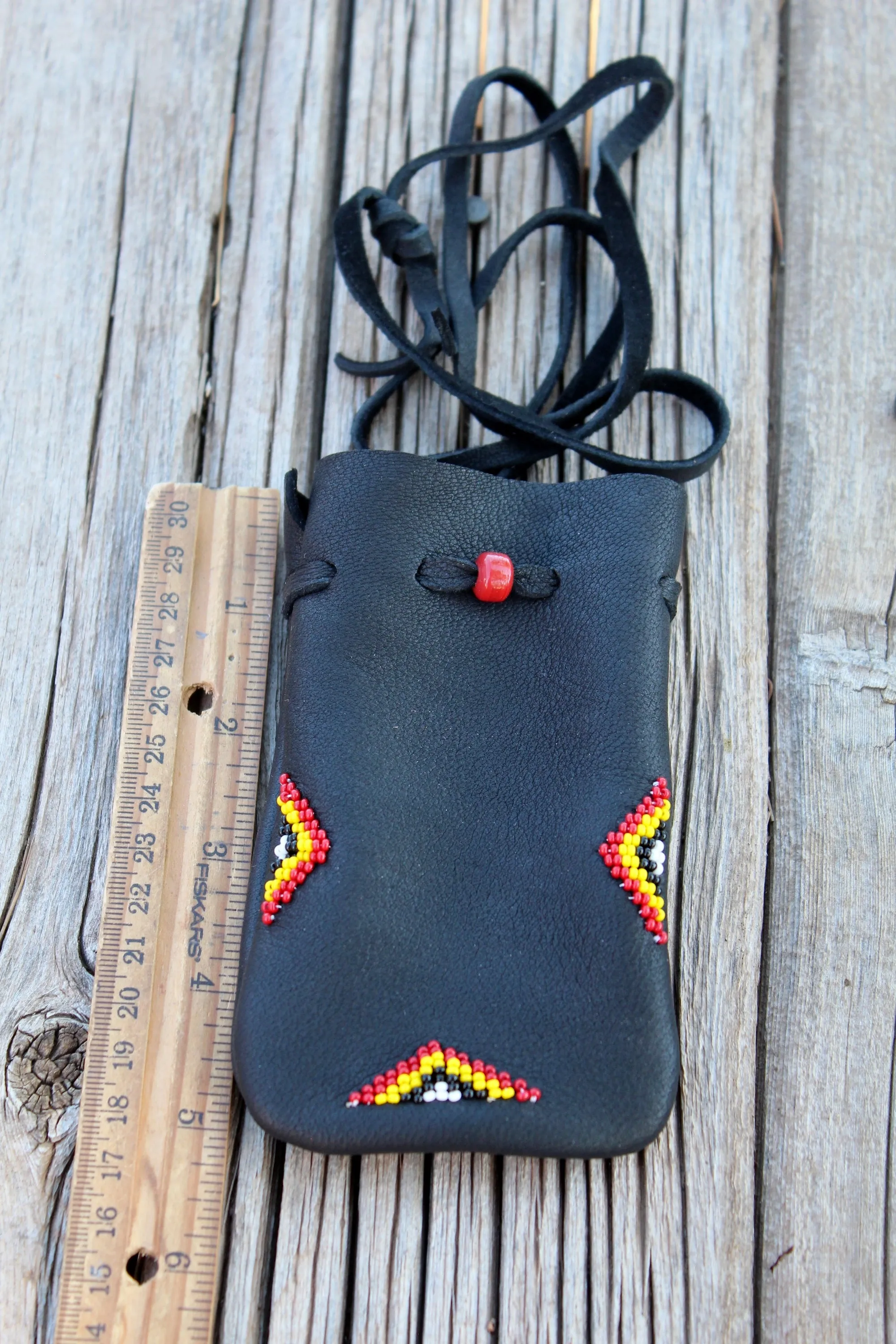 Beaded black medicine bag, large medicine bag