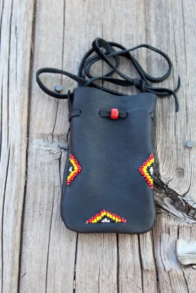 Beaded black medicine bag, large medicine bag