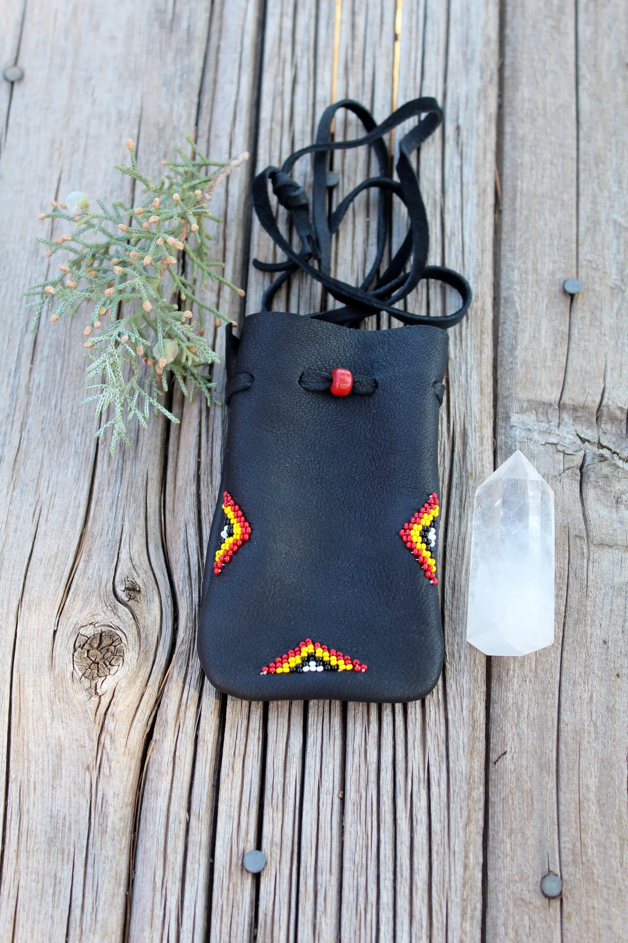 Beaded black medicine bag, large medicine bag