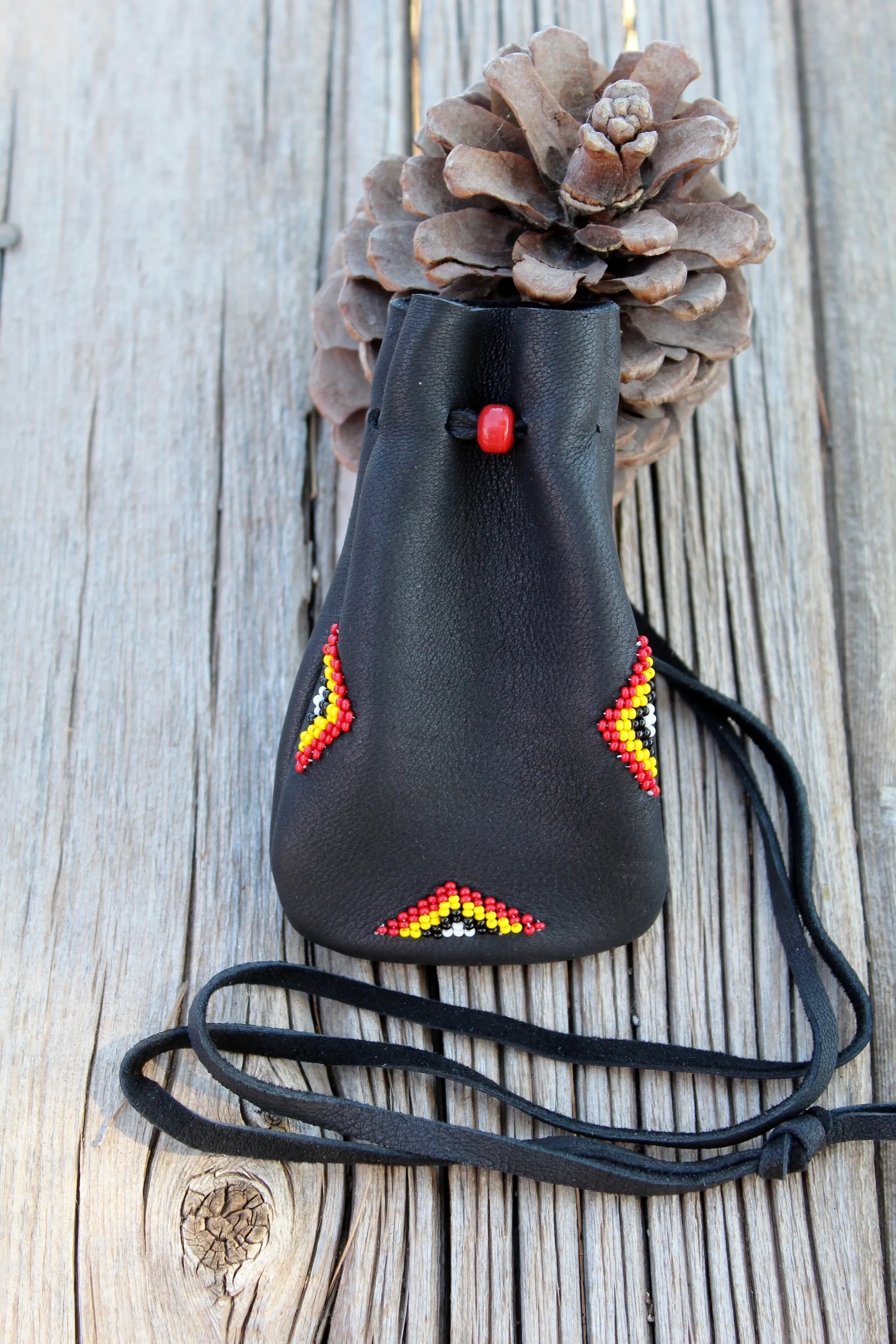 Beaded black medicine bag, large medicine bag