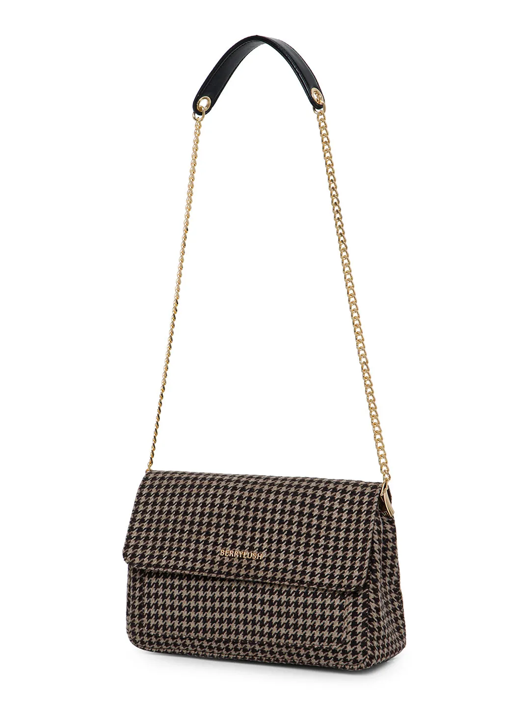 Berrylush Women Brown & Beige Houndstooth Printed Fabric Chain Sling Strap Shoulder Bag