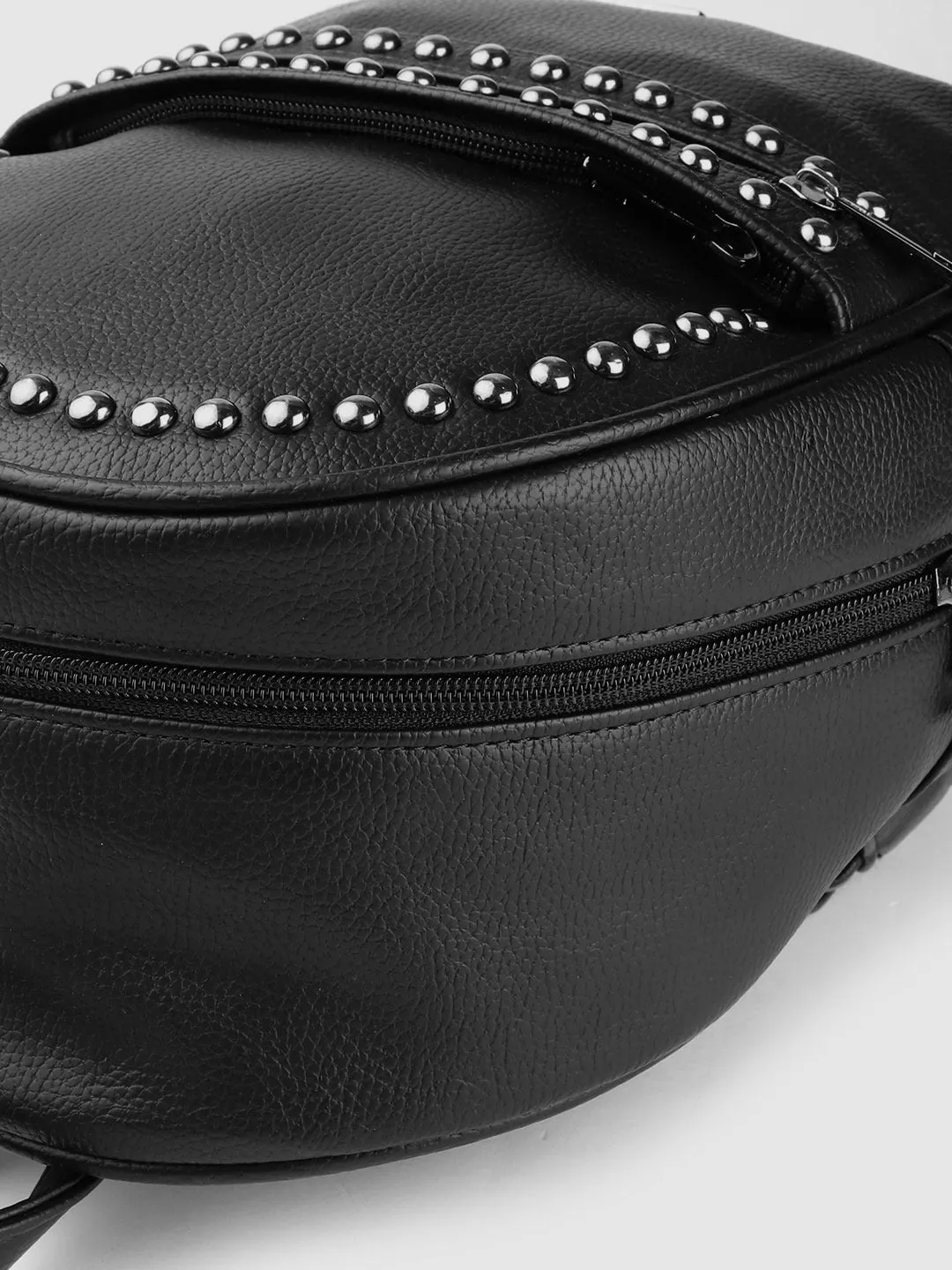 Berrylush Women Solid Black PU Zipper-Up Embellished Small Studded Bag