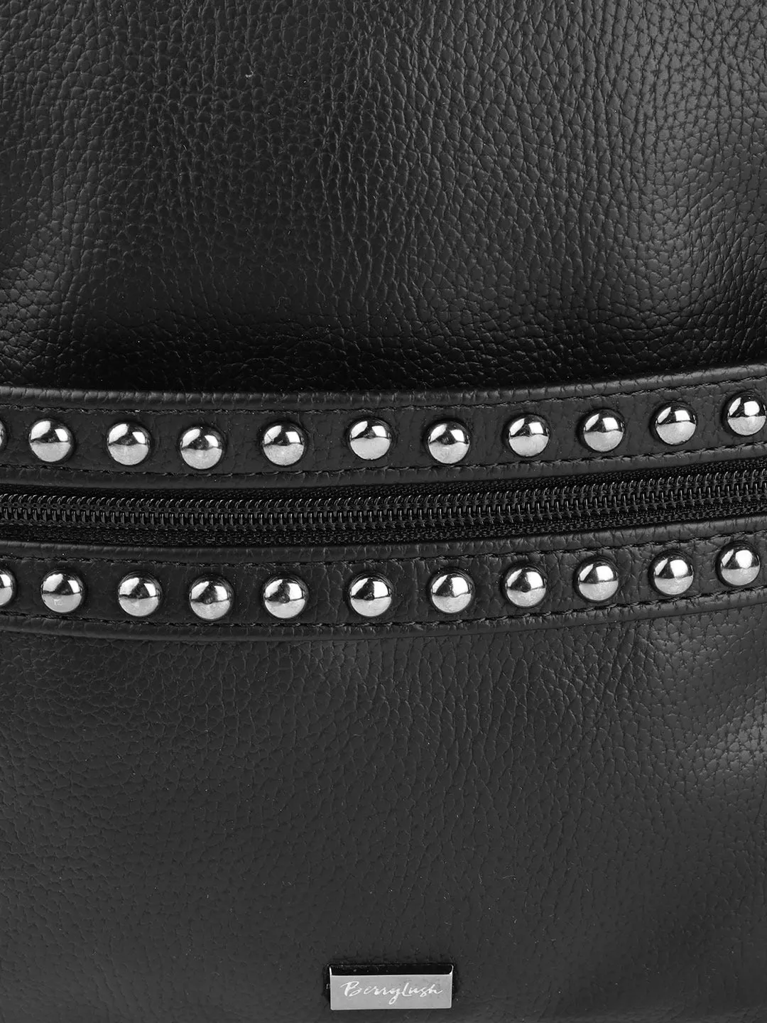 Berrylush Women Solid Black PU Zipper-Up Embellished Small Studded Bag