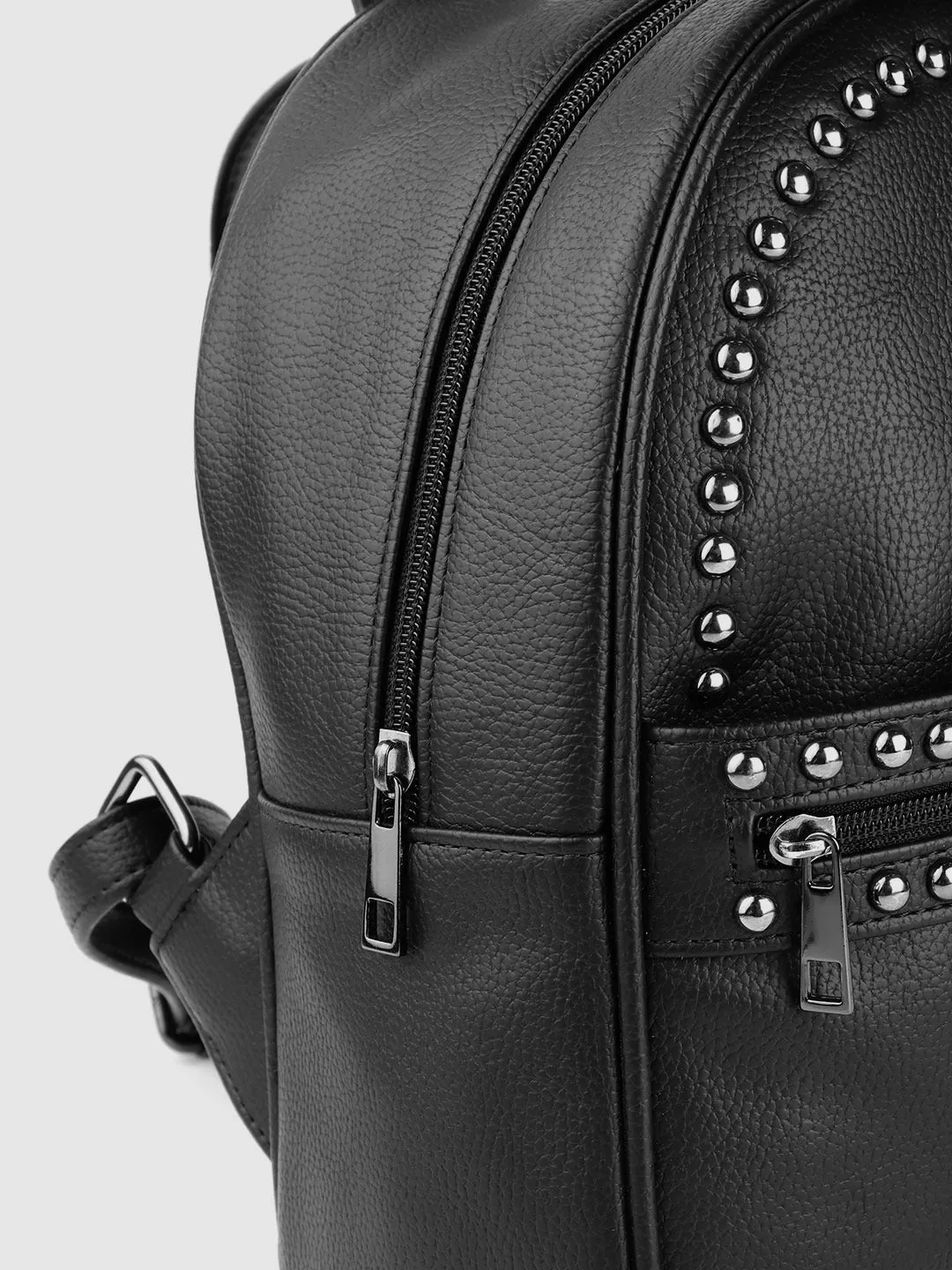 Berrylush Women Solid Black PU Zipper-Up Embellished Small Studded Bag