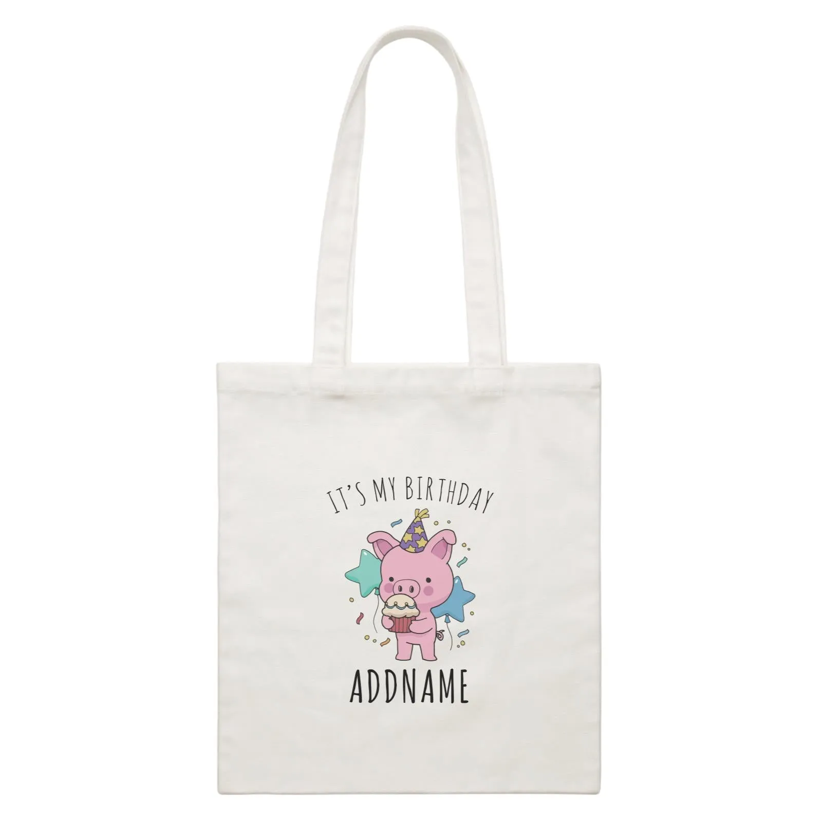 Birthday Sketch Animals Pig with Party Hat Eating Cupcake It's My Birthday Addname White Canvas Bag