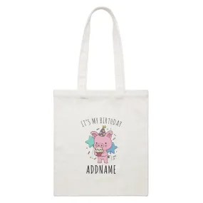 Birthday Sketch Animals Pig with Party Hat Eating Cupcake It's My Birthday Addname White Canvas Bag