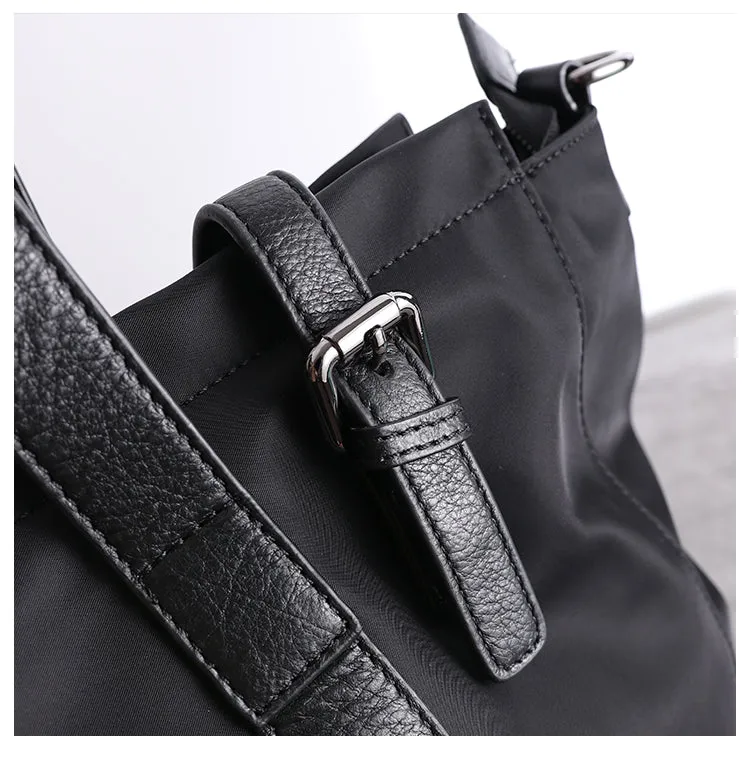 Black Womens Nylon Leather Tote Handbag Vertical Womens Black Nylon Shoulder Travel Purse Nylon Work Purse for Ladies