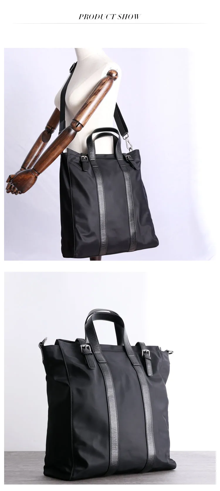 Black Womens Nylon Leather Tote Handbag Vertical Womens Black Nylon Shoulder Travel Purse Nylon Work Purse for Ladies