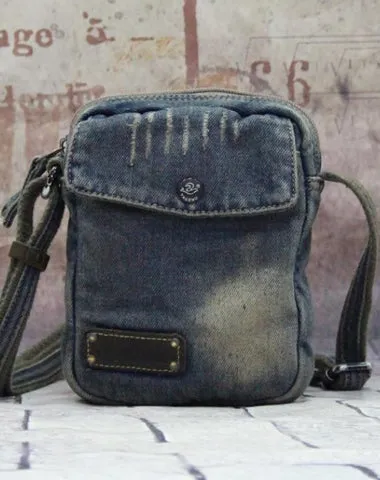 Blue Denim Mens Casual Small Vertical Messenger Bag Jean Side Bag Courier Bag For Men