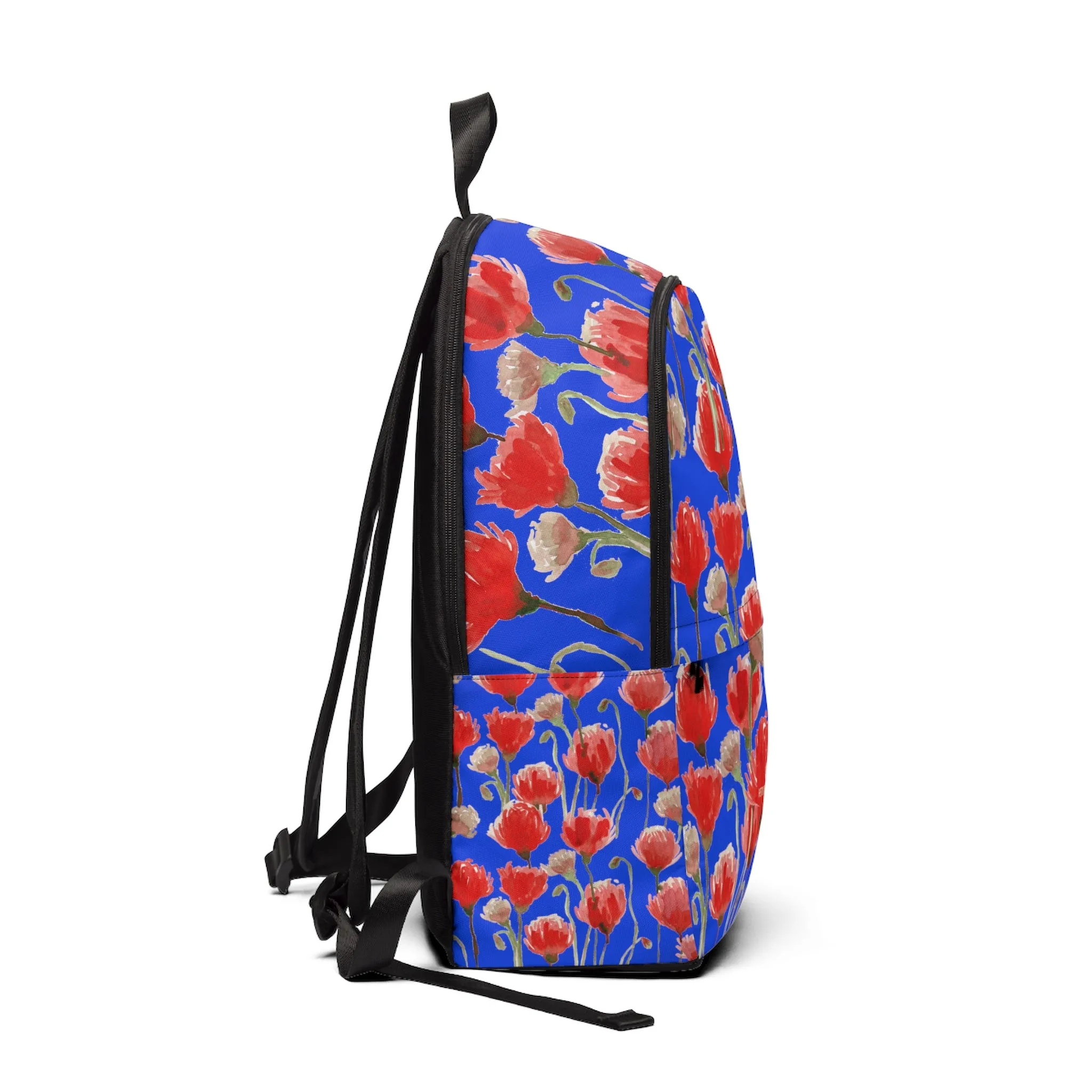 Blue Red Poppy Floral Backpack, Poppy Flower Floral Print Designer Fabric Travel Bag