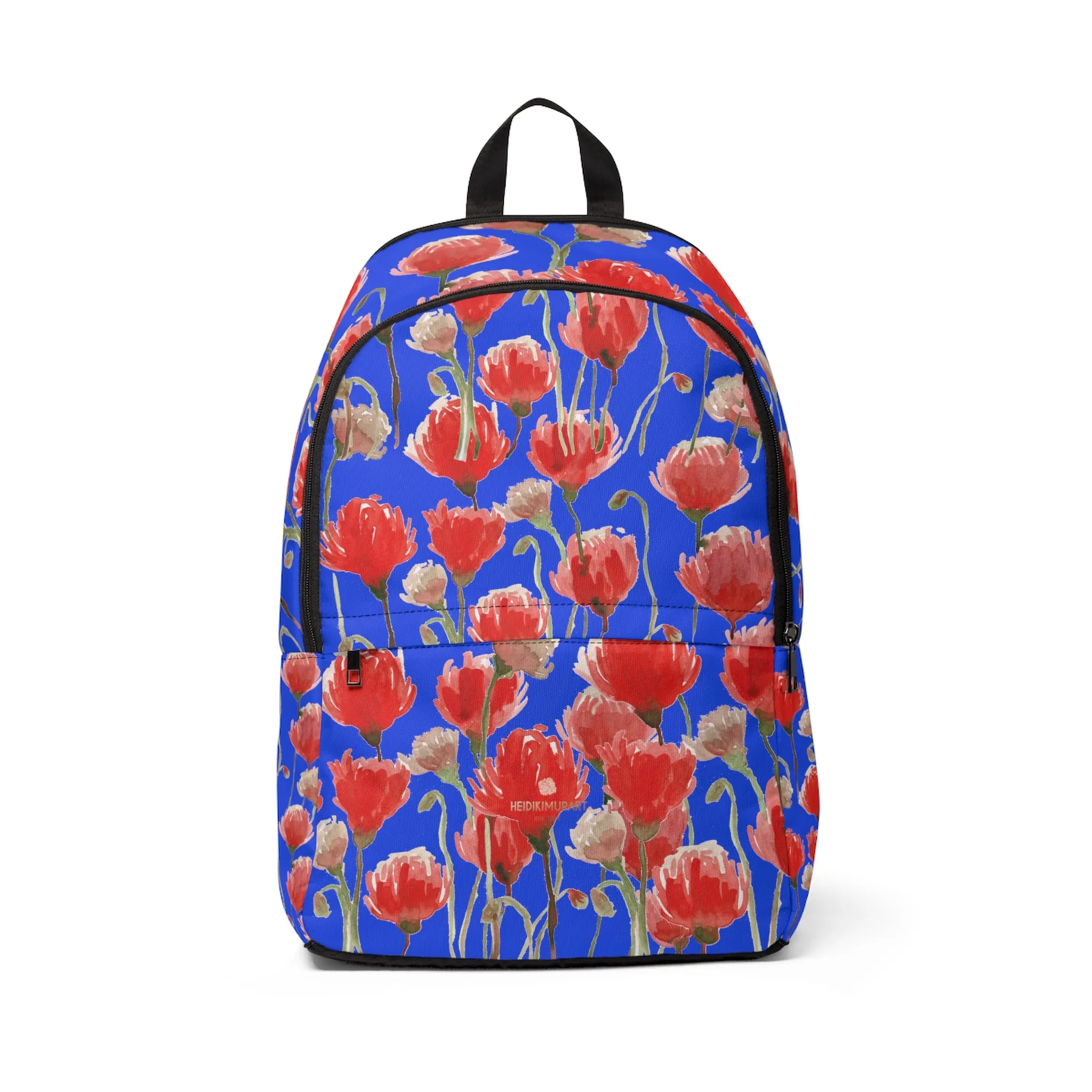 Blue Red Poppy Floral Backpack, Poppy Flower Floral Print Designer Fabric Travel Bag