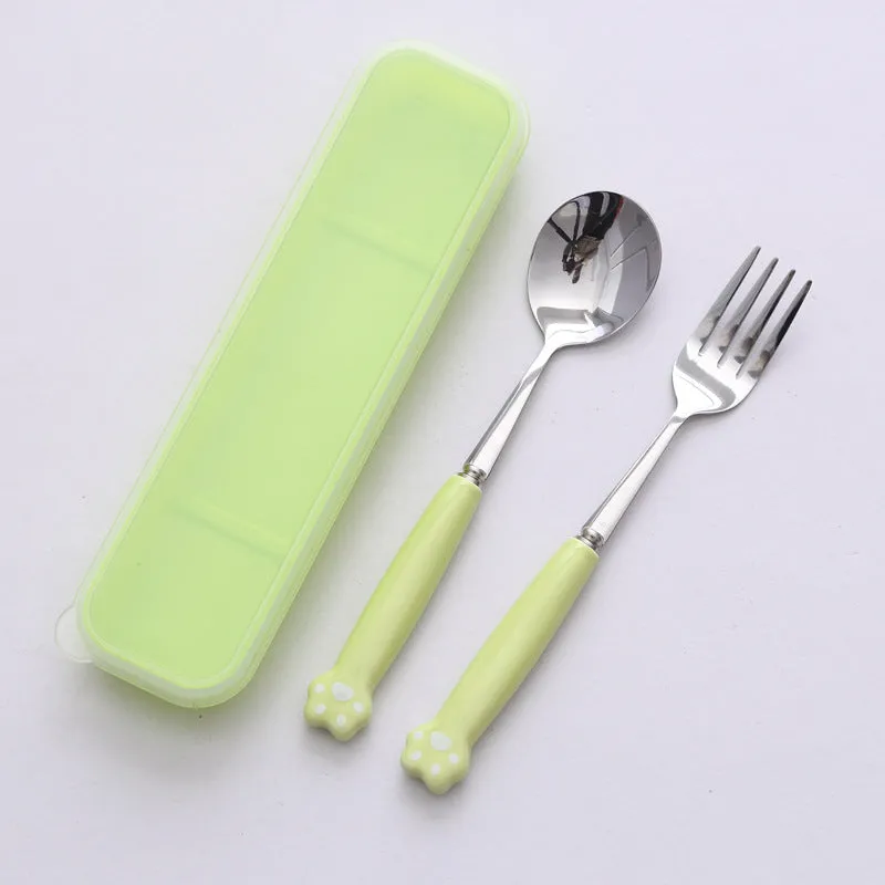 Cat's Paw Tableware Set Ceramic Stainless Steel Tableware Chopsticks Spoon Fork Portable Tableware Set