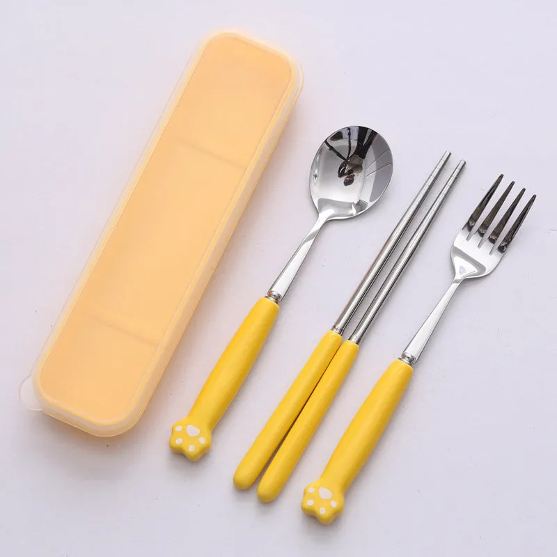 Cat's Paw Tableware Set Ceramic Stainless Steel Tableware Chopsticks Spoon Fork Portable Tableware Set