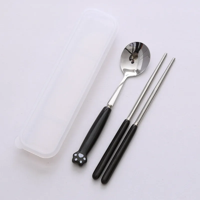 Cat's Paw Tableware Set Ceramic Stainless Steel Tableware Chopsticks Spoon Fork Portable Tableware Set