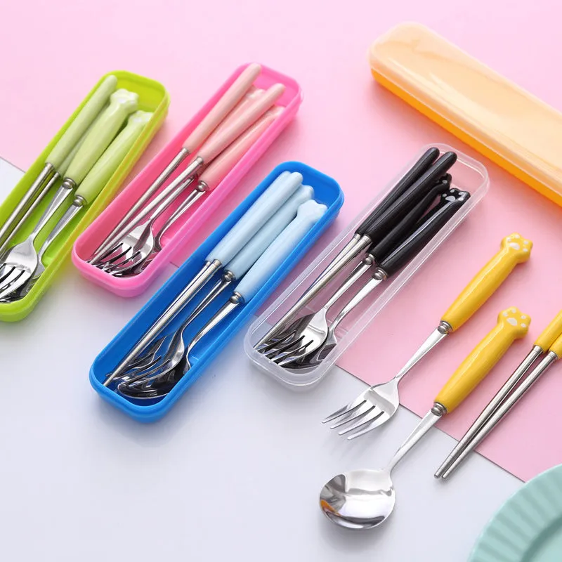 Cat's Paw Tableware Set Ceramic Stainless Steel Tableware Chopsticks Spoon Fork Portable Tableware Set