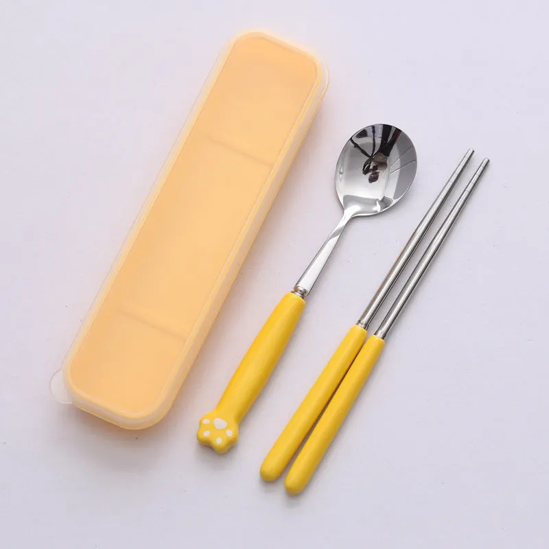 Cat's Paw Tableware Set Ceramic Stainless Steel Tableware Chopsticks Spoon Fork Portable Tableware Set