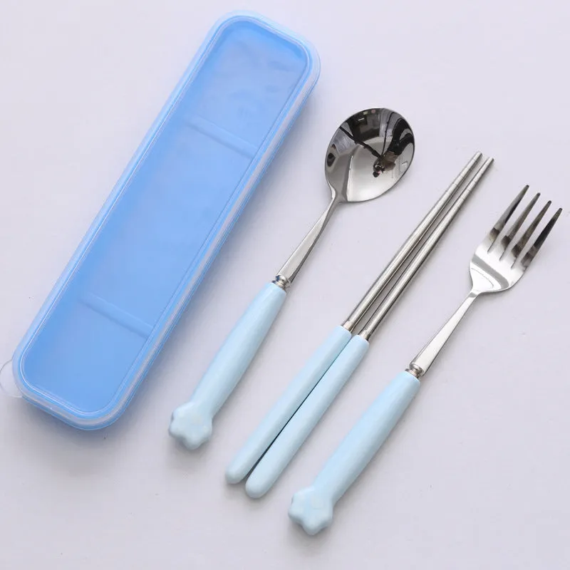 Cat's Paw Tableware Set Ceramic Stainless Steel Tableware Chopsticks Spoon Fork Portable Tableware Set