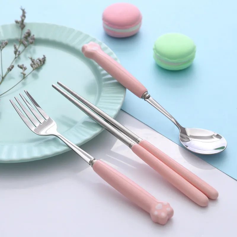 Cat's Paw Tableware Set Ceramic Stainless Steel Tableware Chopsticks Spoon Fork Portable Tableware Set