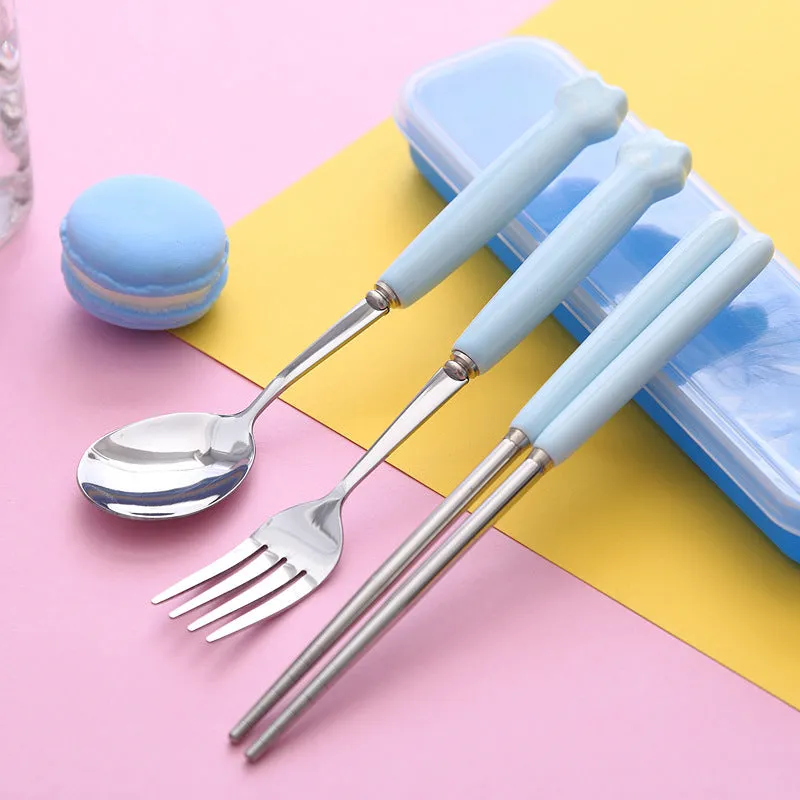 Cat's Paw Tableware Set Ceramic Stainless Steel Tableware Chopsticks Spoon Fork Portable Tableware Set