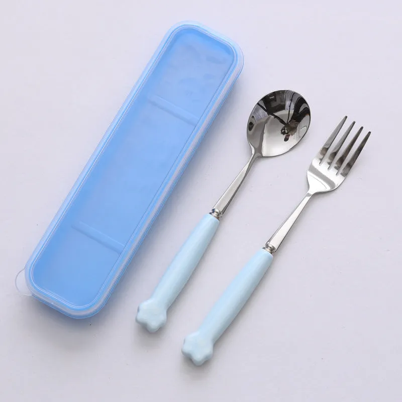 Cat's Paw Tableware Set Ceramic Stainless Steel Tableware Chopsticks Spoon Fork Portable Tableware Set