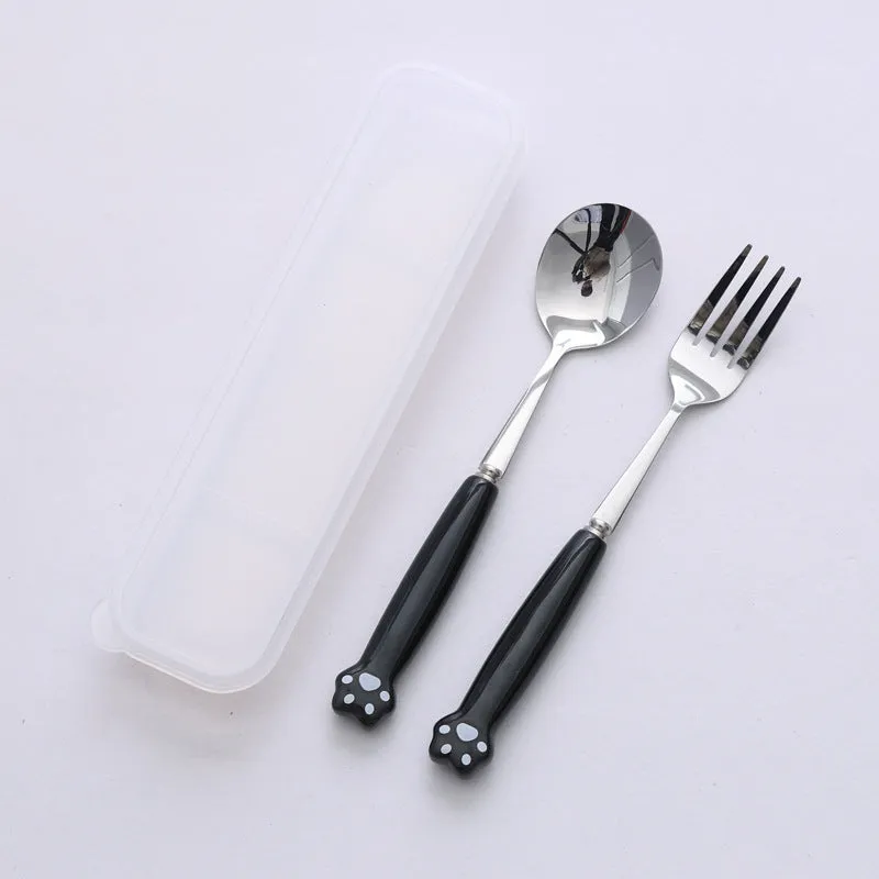 Cat's Paw Tableware Set Ceramic Stainless Steel Tableware Chopsticks Spoon Fork Portable Tableware Set