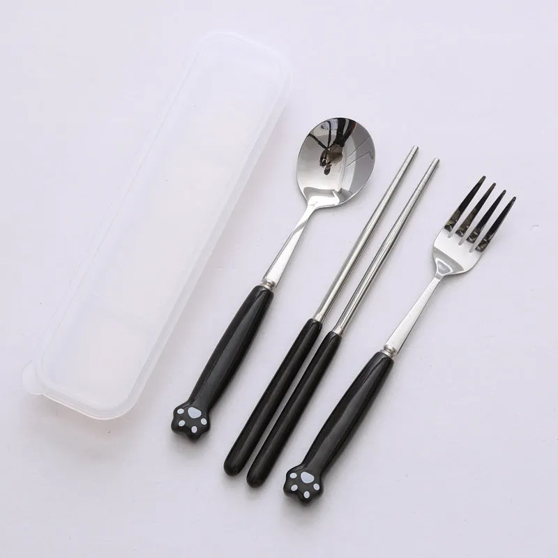 Cat's Paw Tableware Set Ceramic Stainless Steel Tableware Chopsticks Spoon Fork Portable Tableware Set