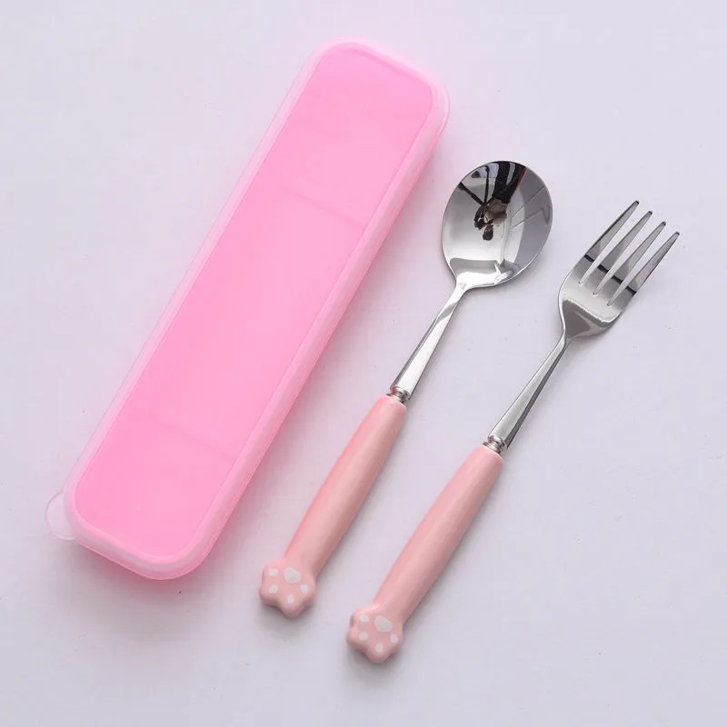 Cat's Paw Tableware Set Ceramic Stainless Steel Tableware Chopsticks Spoon Fork Portable Tableware Set