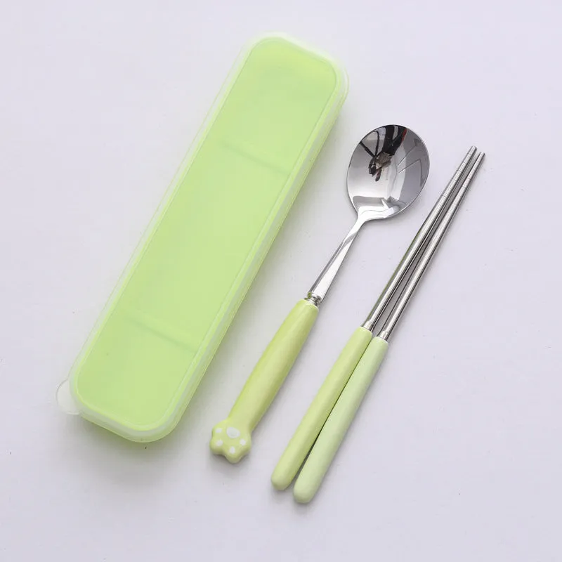 Cat's Paw Tableware Set Ceramic Stainless Steel Tableware Chopsticks Spoon Fork Portable Tableware Set