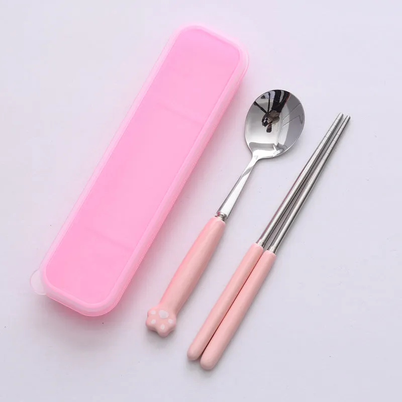 Cat's Paw Tableware Set Ceramic Stainless Steel Tableware Chopsticks Spoon Fork Portable Tableware Set