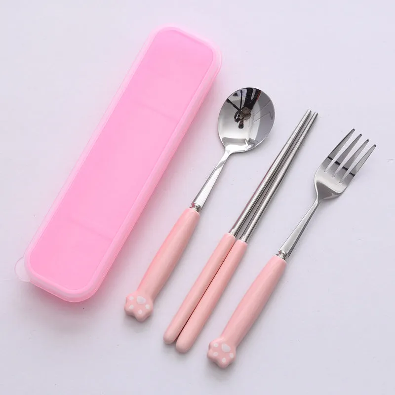 Cat's Paw Tableware Set Ceramic Stainless Steel Tableware Chopsticks Spoon Fork Portable Tableware Set