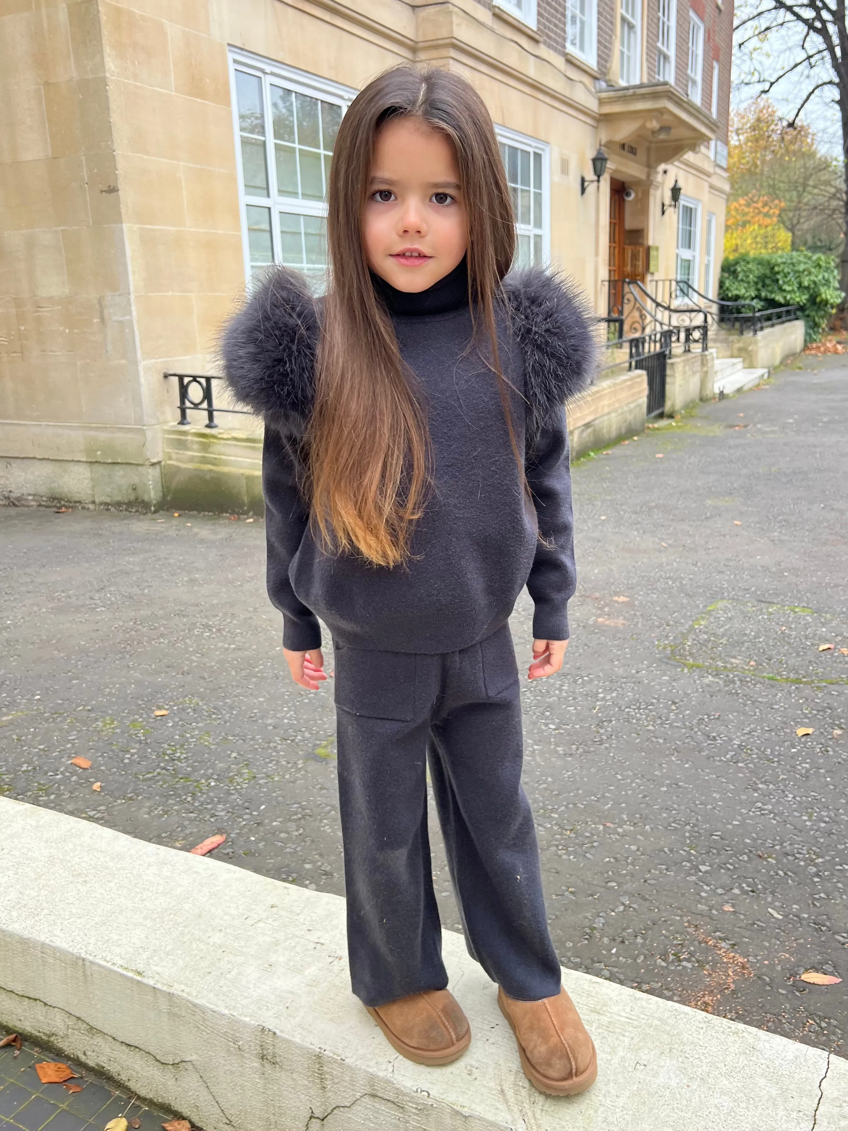 Childrens Charcoal Premium Faux Fur Roll Neck Wide Leg Tracksuitt