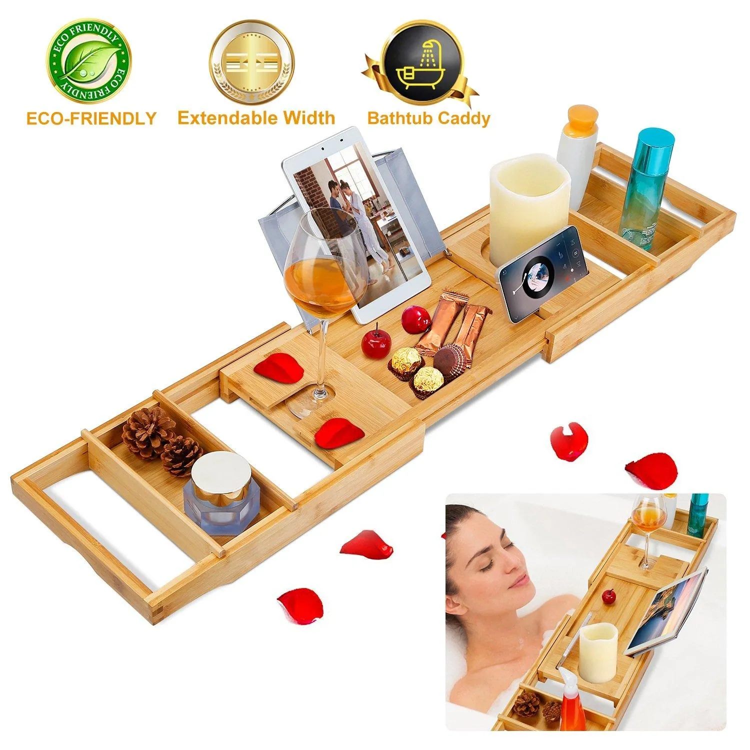 Crafted Bamboo Bath Tray Table Extendable Reading Rack