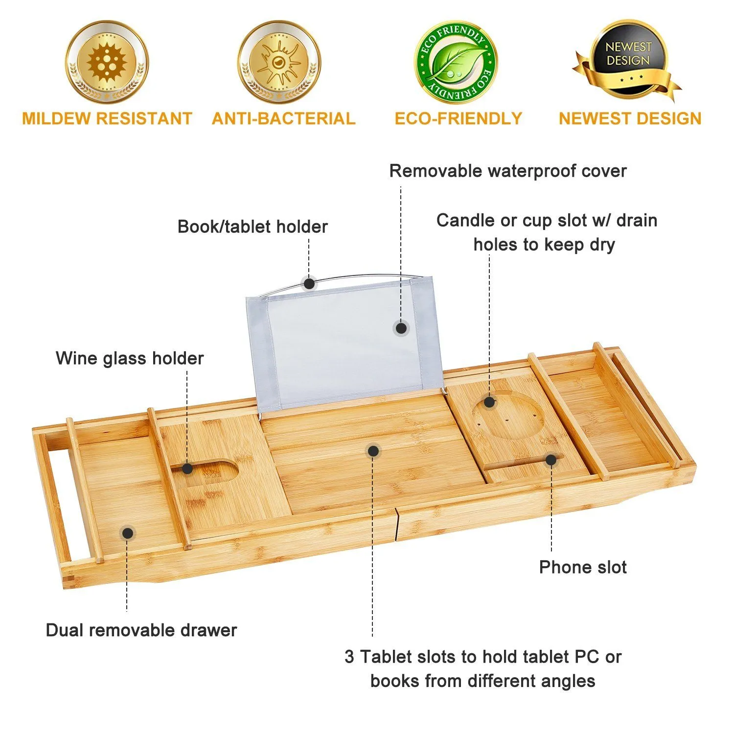 Crafted Bamboo Bath Tray Table Extendable Reading Rack