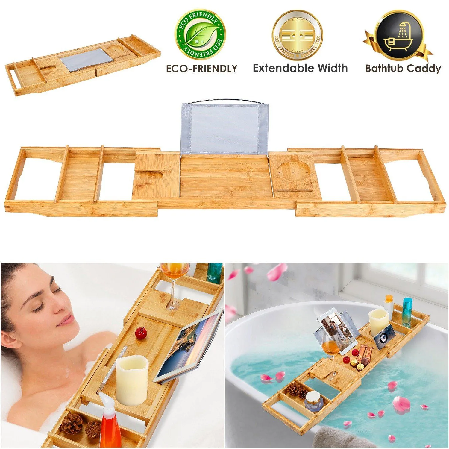 Crafted Bamboo Bath Tray Table Extendable Reading Rack