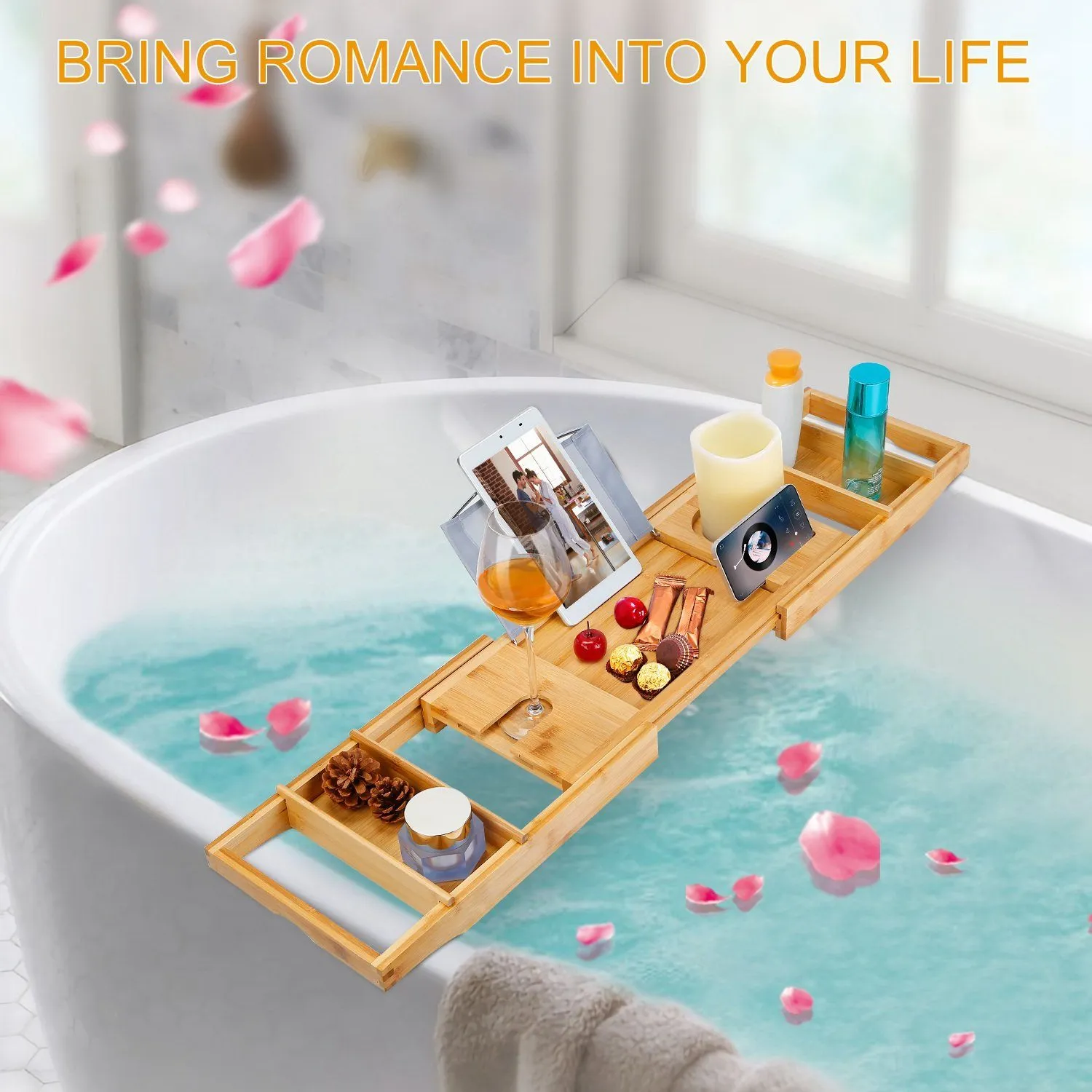 Crafted Bamboo Bath Tray Table Extendable Reading Rack